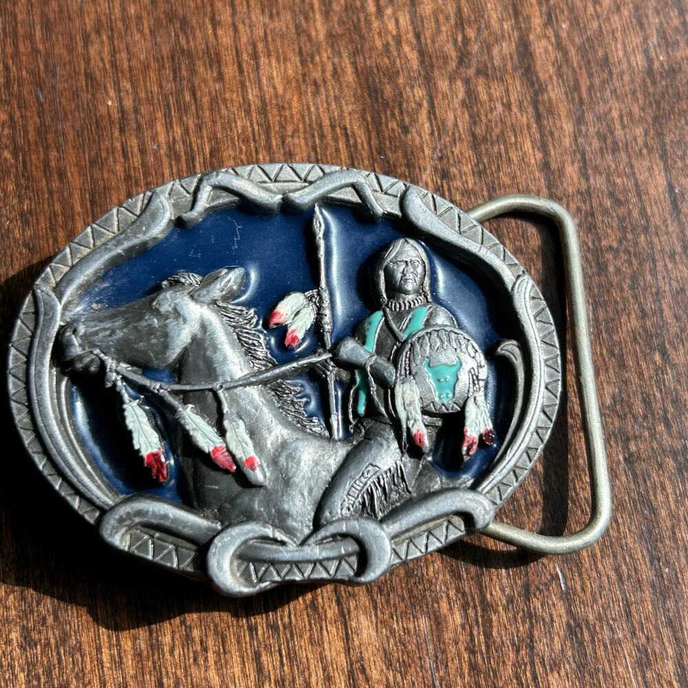 VINTAGE BUCKLES OF AMERICA MASTERPIECE COLL BA-208 INDIAN WARRIOR PEWTER ENAMEL